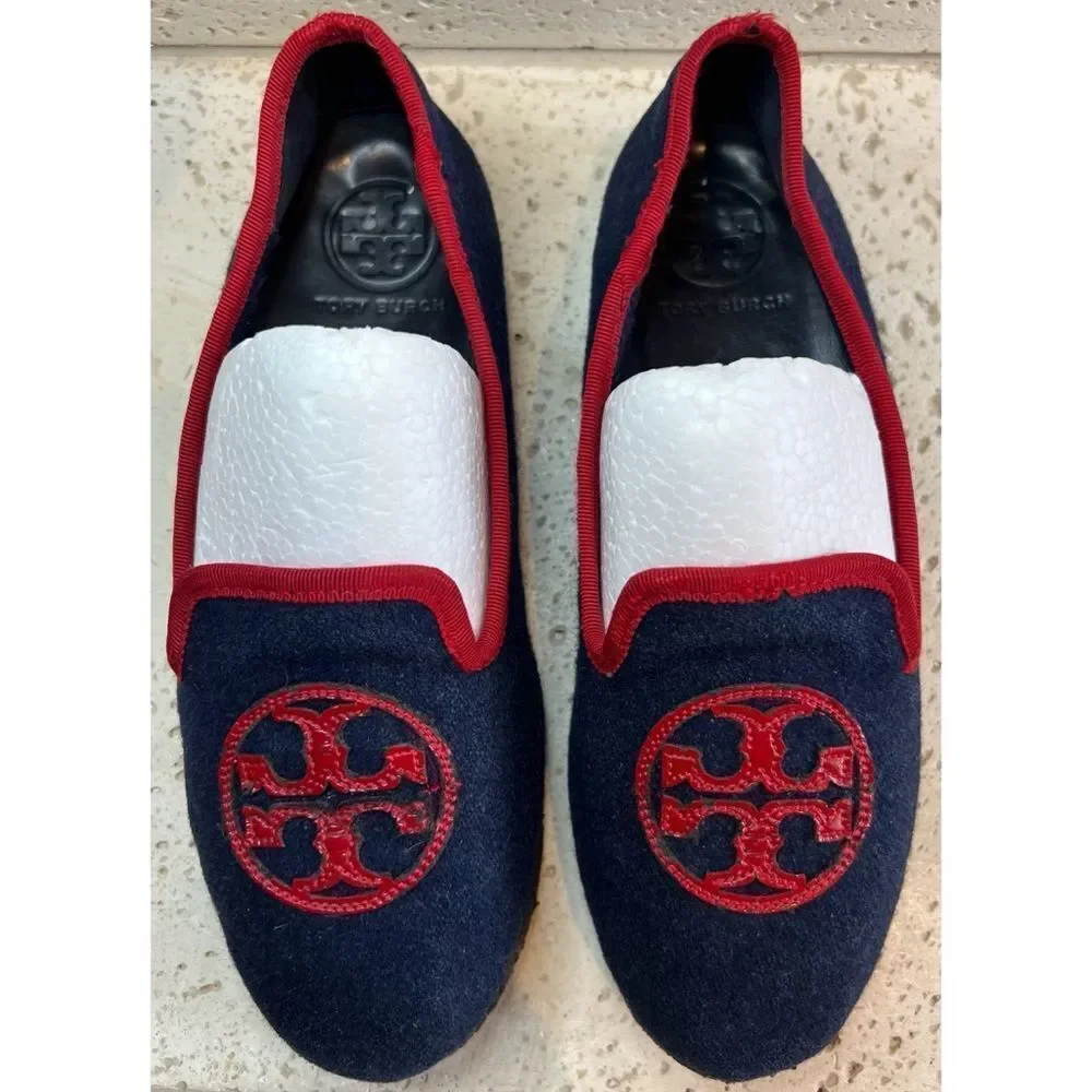 TORY BURCH Navy Blue Billy Logo Wool felt slippers Slip on Loafers Women's Sz 5